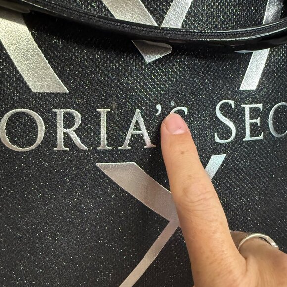 Victorias Secret Black Glitter Canvas Tote Bag With Logo & Striped Handles - Picture 3 of 9